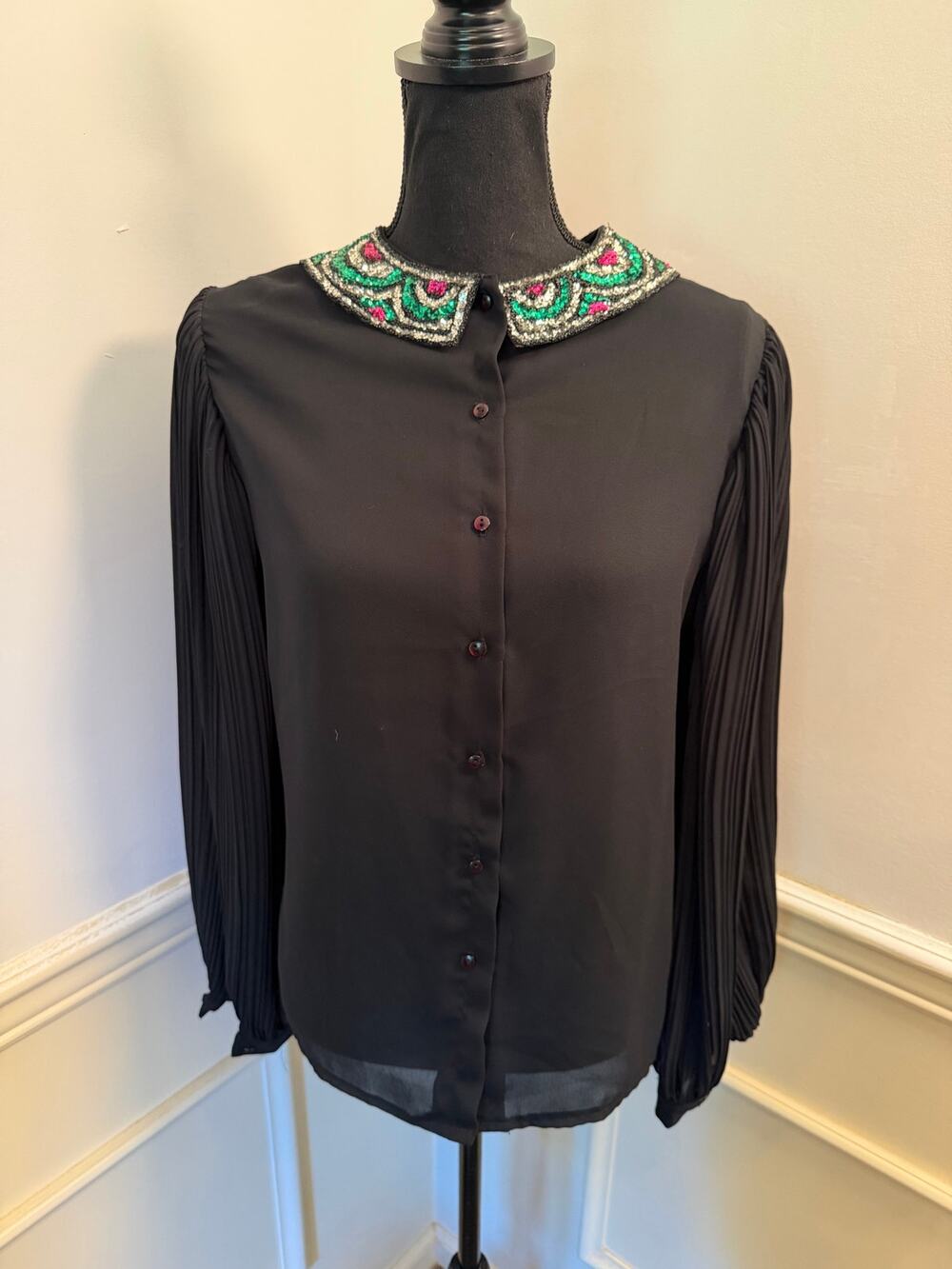 Vintage ILGWU Sheer Black Blouse Sparkle Collar Pleated Poet Sleeves Union Made